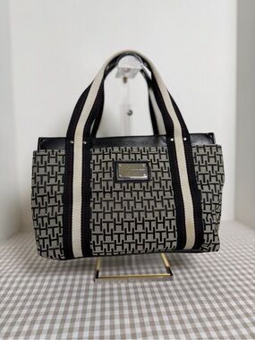 Tommy Hilfiger Monogrammed Canvas Tote Bag Grey Black and White